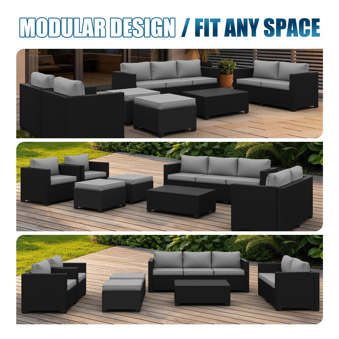 Sunmthink 10 Piece Patio Furniture Set, Rattan Wicker Patio Conversation Set Outdoor Furniture, Light Gray