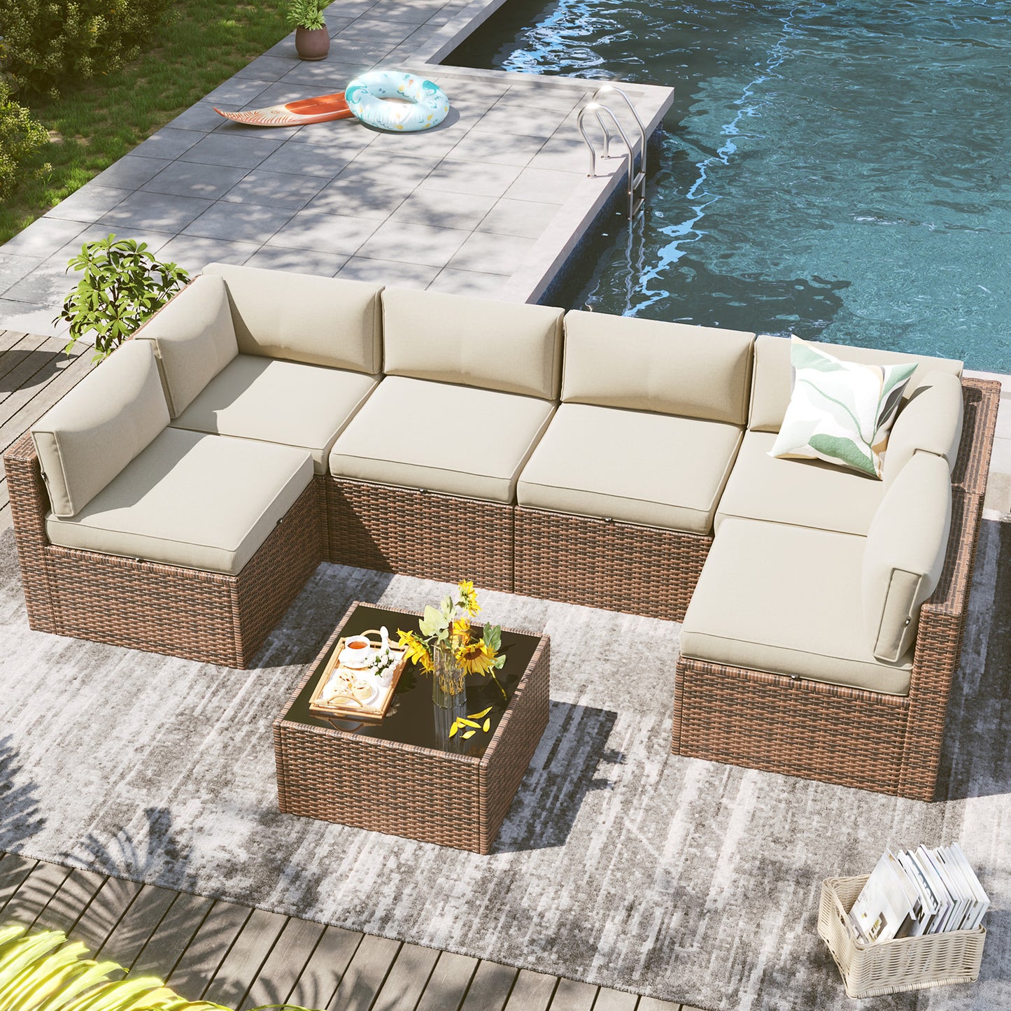 Clouddwell 7 Piece Outdoor Patio Furniture Set, Wicker Rattan Patio Sectional Sofa Set, Beige