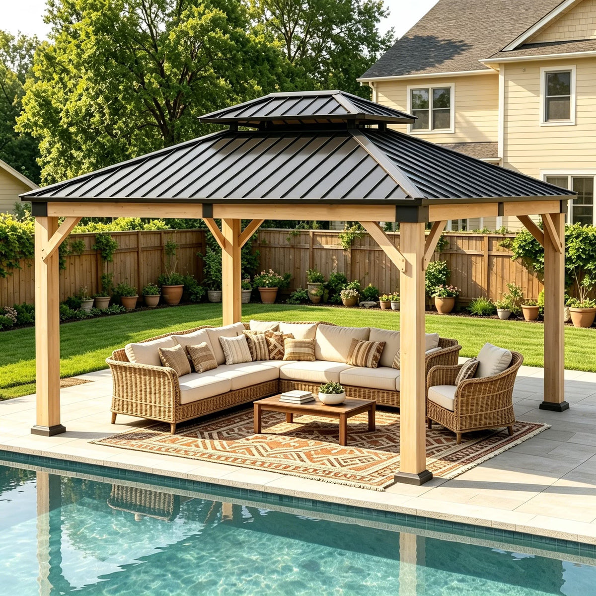 Clouddwell 10' x 12' Cedar Wood Hardtop Gazebo, Double Roof Outdoor Pavilion for Backyard, Patio, Deck & Garden