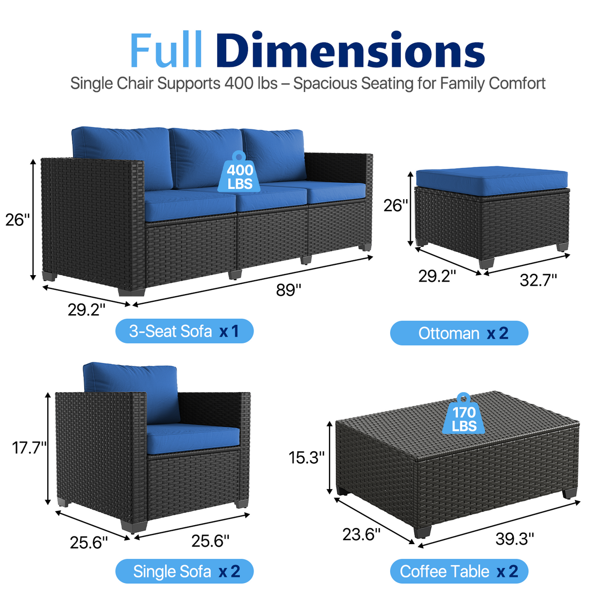 LazySunsets 6 Piece Outdoor Furniture Set, Rattan Wicker Outdoor Conversation Set Patio Furniture, Navy Blue/Black
