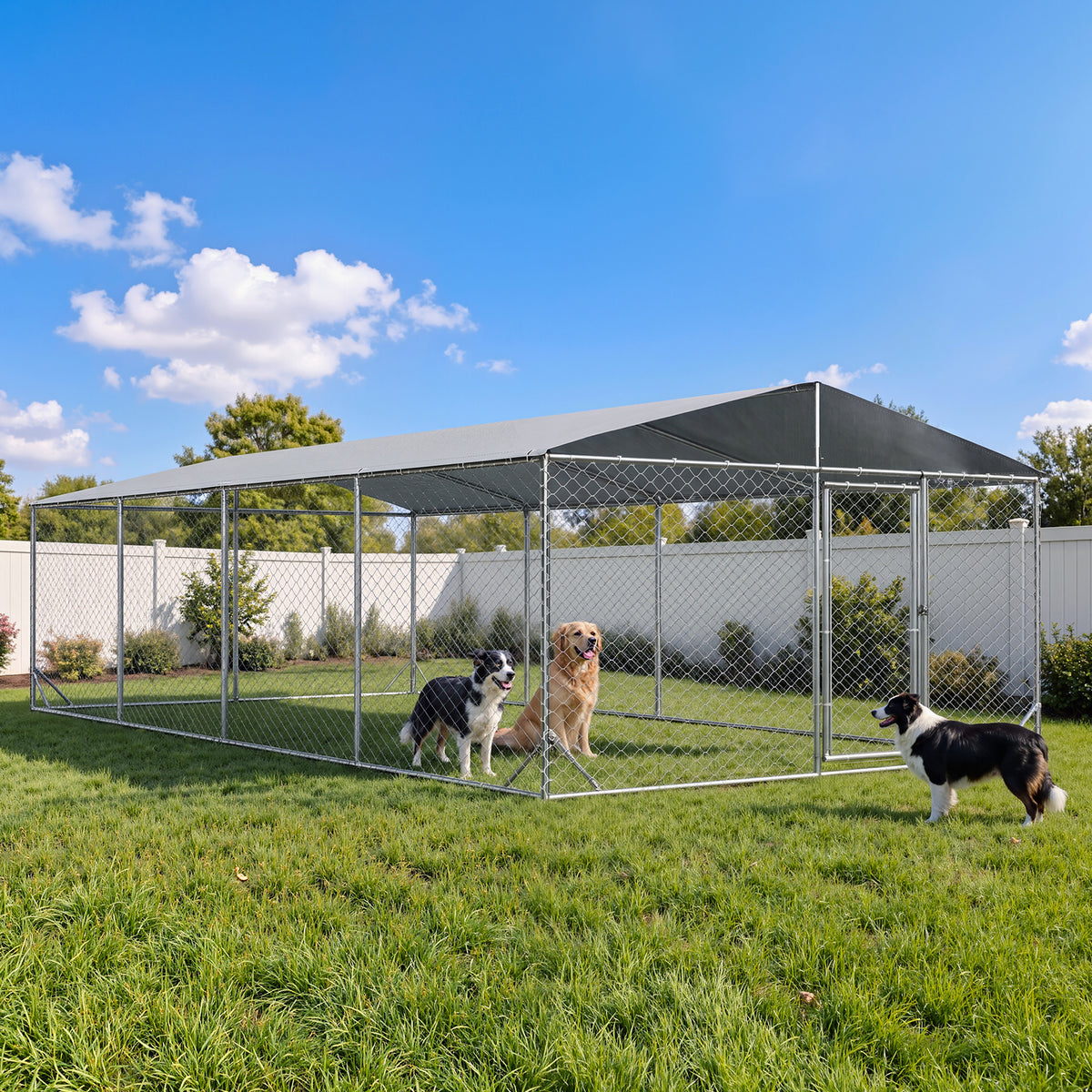 LazySunsets 9.8 ft x 19.7 ft Heavy Duty Outdoor Dog Kennel, Large Metal Chain Link Dog Cage with Waterproof Roof, Walk-in Pet Dog Run House for Backyard Garden