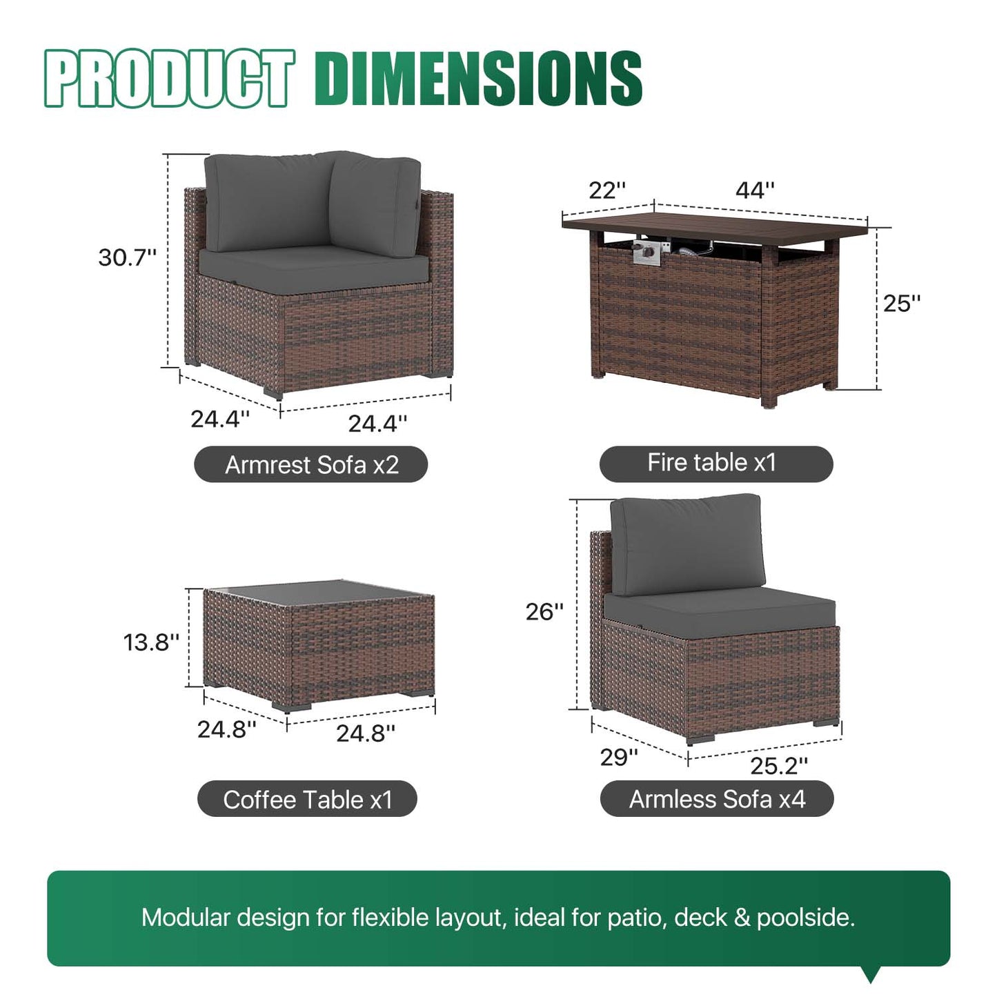Clouddwell 8 Piece Outdoor Patio Furniture Set, Wicker Rattan Patio Sectional Sofa Sets with Fire Pit Table, Dark Gray
