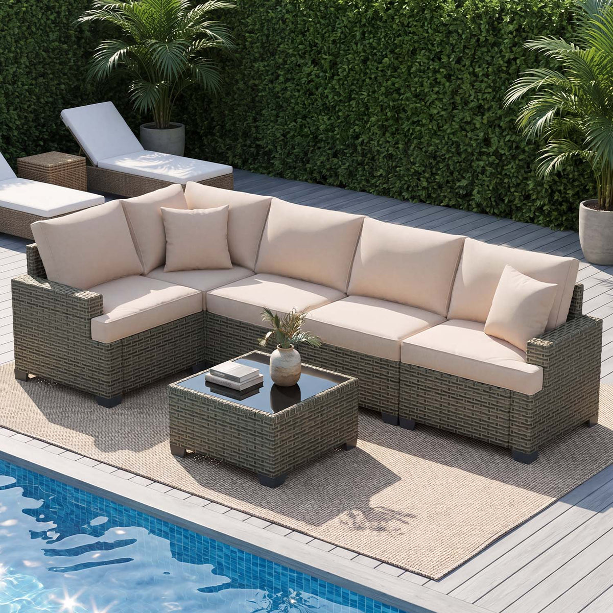 Clouddwell 6 Pieces Outdoor Patio Furniture Set, Rattan Wicker Sectional Chairs Sets with Table, Light Gray