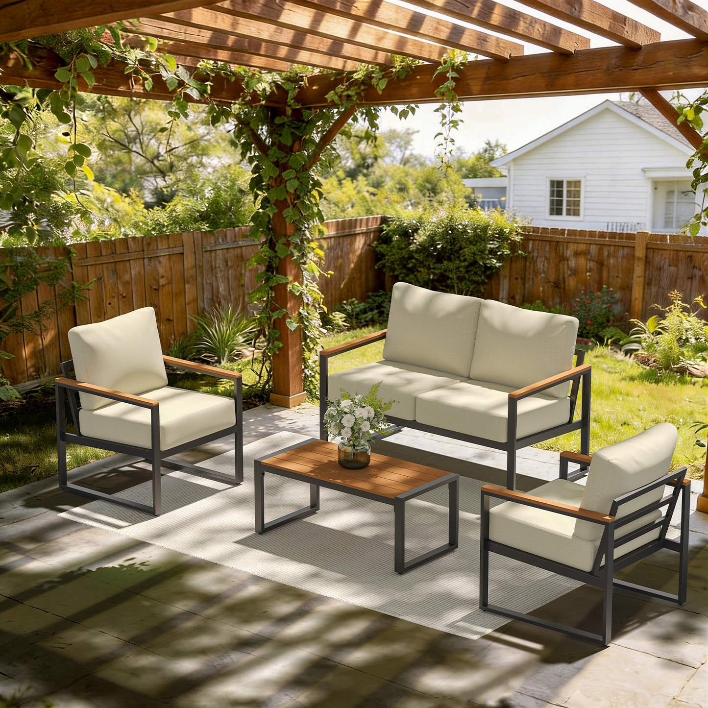 Sunmthink 4-Piece Outdoor Patio Furniture Set, Modern Metal Conversation Set for Porch, Deck, Balcony (Beige)