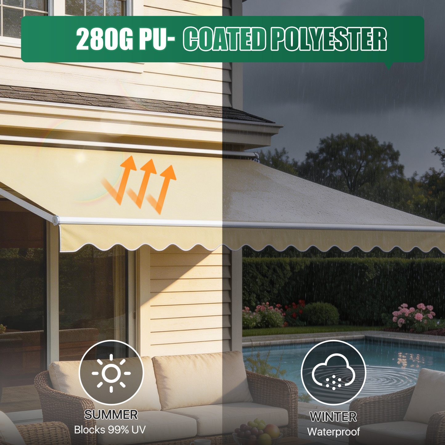 Sunmthink 12x10 FT Manual Retractable Awning, Waterproof Patio Sun Shade Canopy with Crank Handle, PA Coated Polyester for Backyard, Deck & Window, Beige