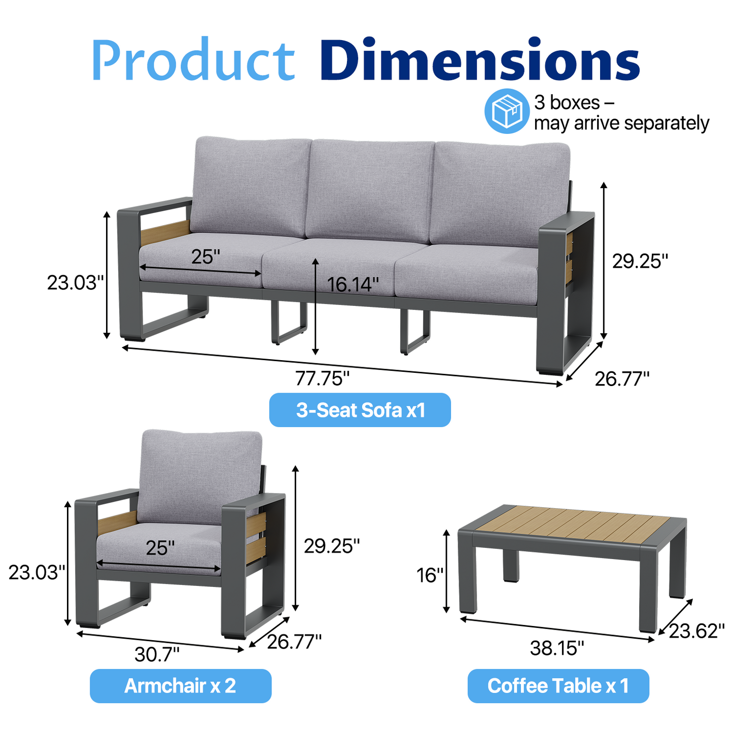 Clouddwell 4 Piece Aluminum Patio Furniture Set, 5-Seat Luxury Outdoor Sectional with 6" Olefin Fabric Cushions, Light Grey