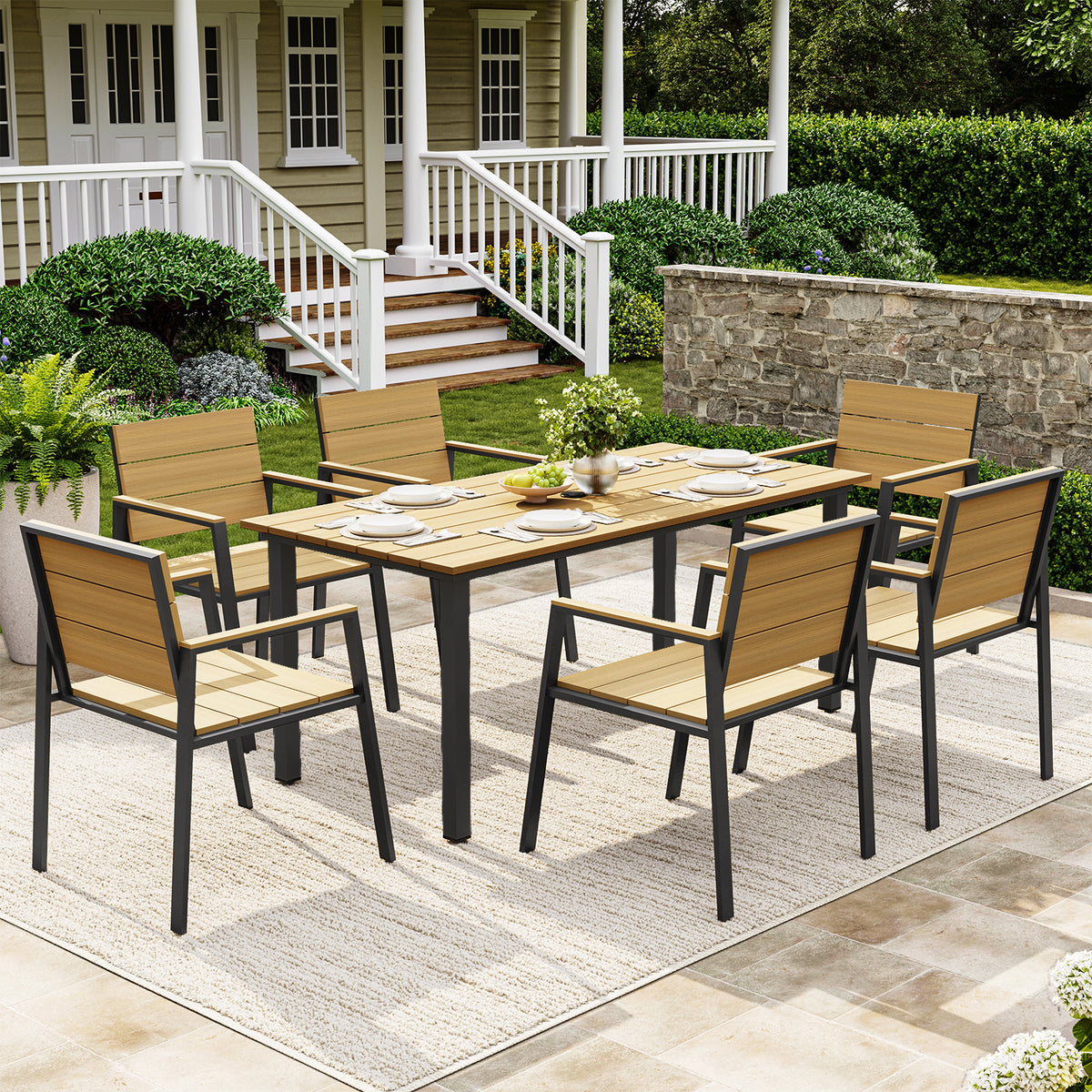 LazySunsets 7-Piece Outdoor Dining Set, Rectangular Patio Table & 6 Arm Chairs, Aluminum Frame Outdoor Furniture for Backyard Deck Garden, Teak Yellow