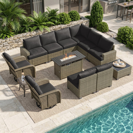 Clouddwell 7 Pieces Outdoor Patio Furniture Set, Rattan Wicker Sectional Swivel Rocker Chairs Sets with Table, Blue/Brown