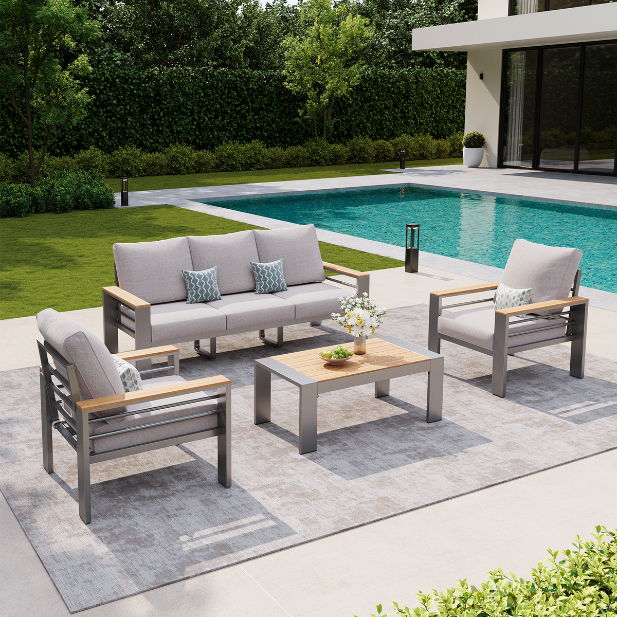 LazySunsets 4 Piece Aluminum Patio Furniture Set, 5-Seat Oversized Outdoor Sectional, Light Gray