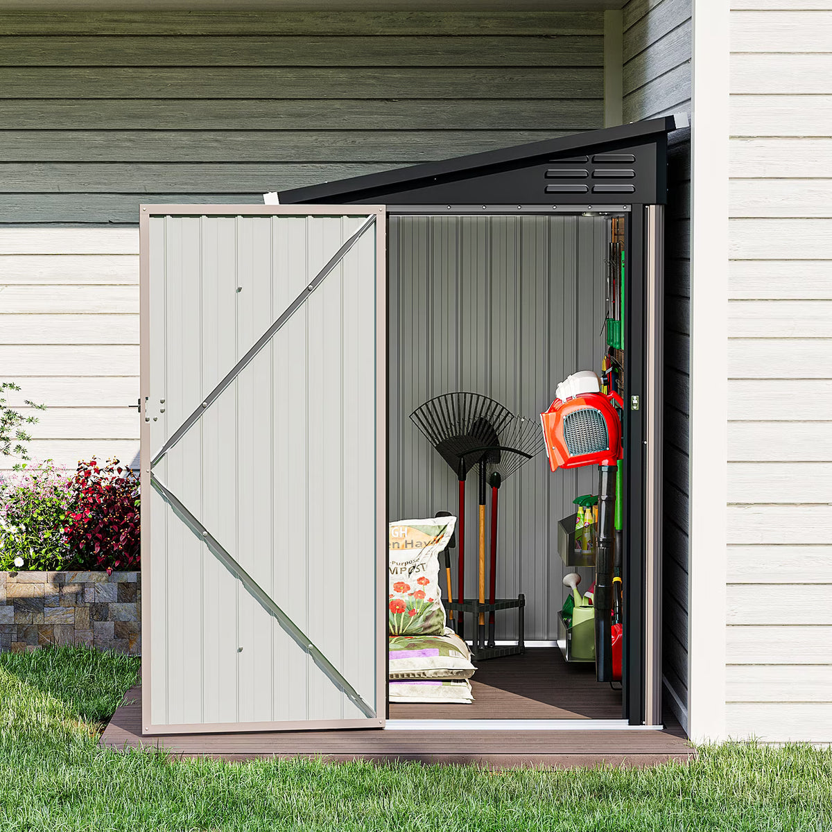 LazySunsets 6 x 4 ft Lean to Storage Shed, Outdoor Metal Storage Cabinet with Vent for Patio, Brown
