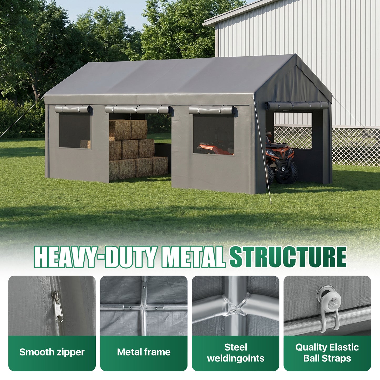 Clouddwell 10x20 Heavy Duty Carport Canopy Portable Garage, Portable Carport with Roll-up Windows&Removable Sidewalls, Car Canopy for Car, Truck, SUV, Boat, Gray