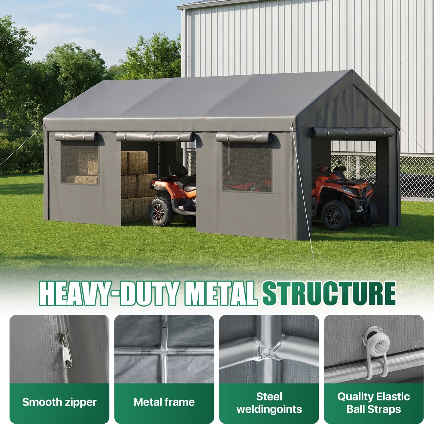 Clouddwell 12x20 Heavy Duty Carport Canopy Portable Garage, Portable Carport with Roll-up Windows&Removable Sidewalls, Car Canopy for Car, Truck, SUV, Boat, Gray
