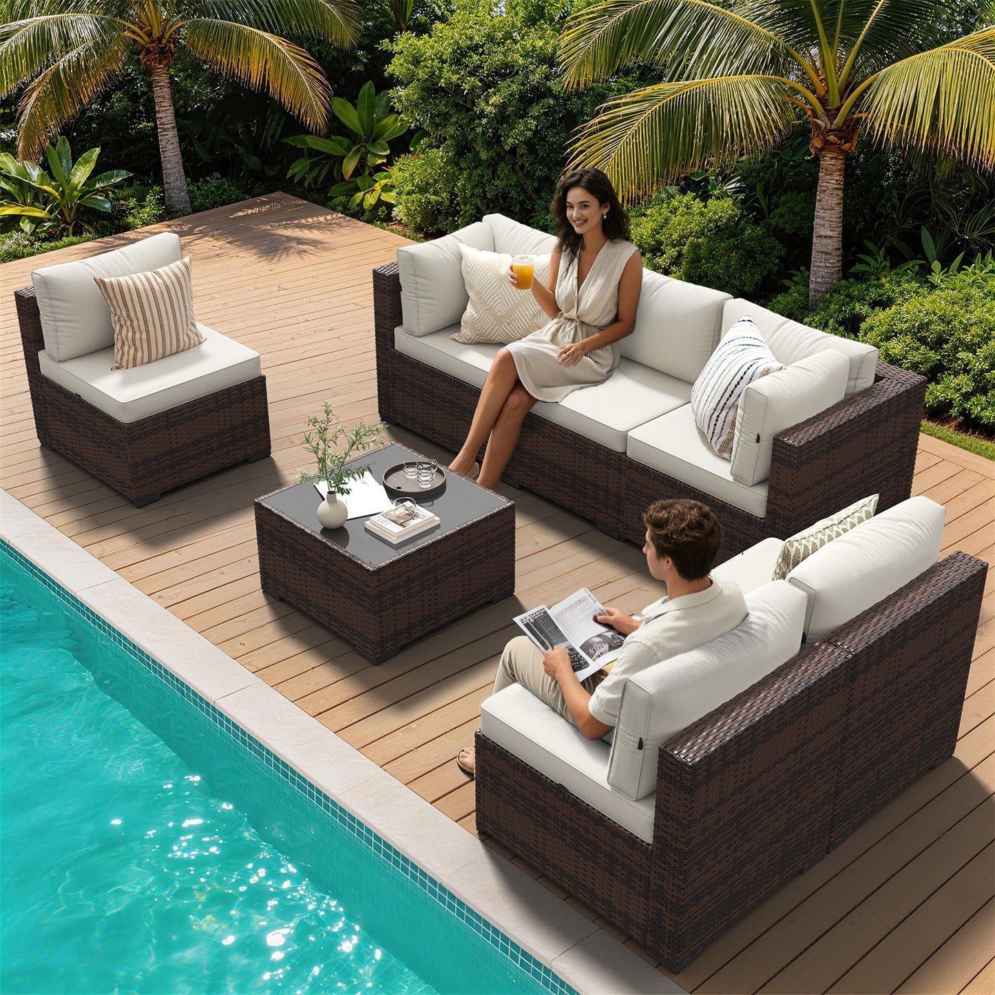 Clouddwell 7 Piece Outdoor Patio Furniture Set, Wicker Rattan Patio Sectional Sofa Sets, Beige