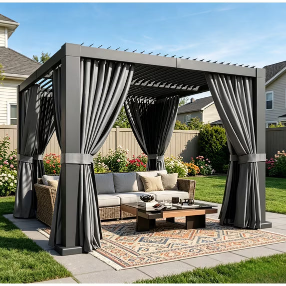 Clouddwell 10' × 10' Adjustable Louvered Pergola, Outdoor Aluminum Pergola with Curtains & Netting for Backyard, Deck & Poolside, Gray