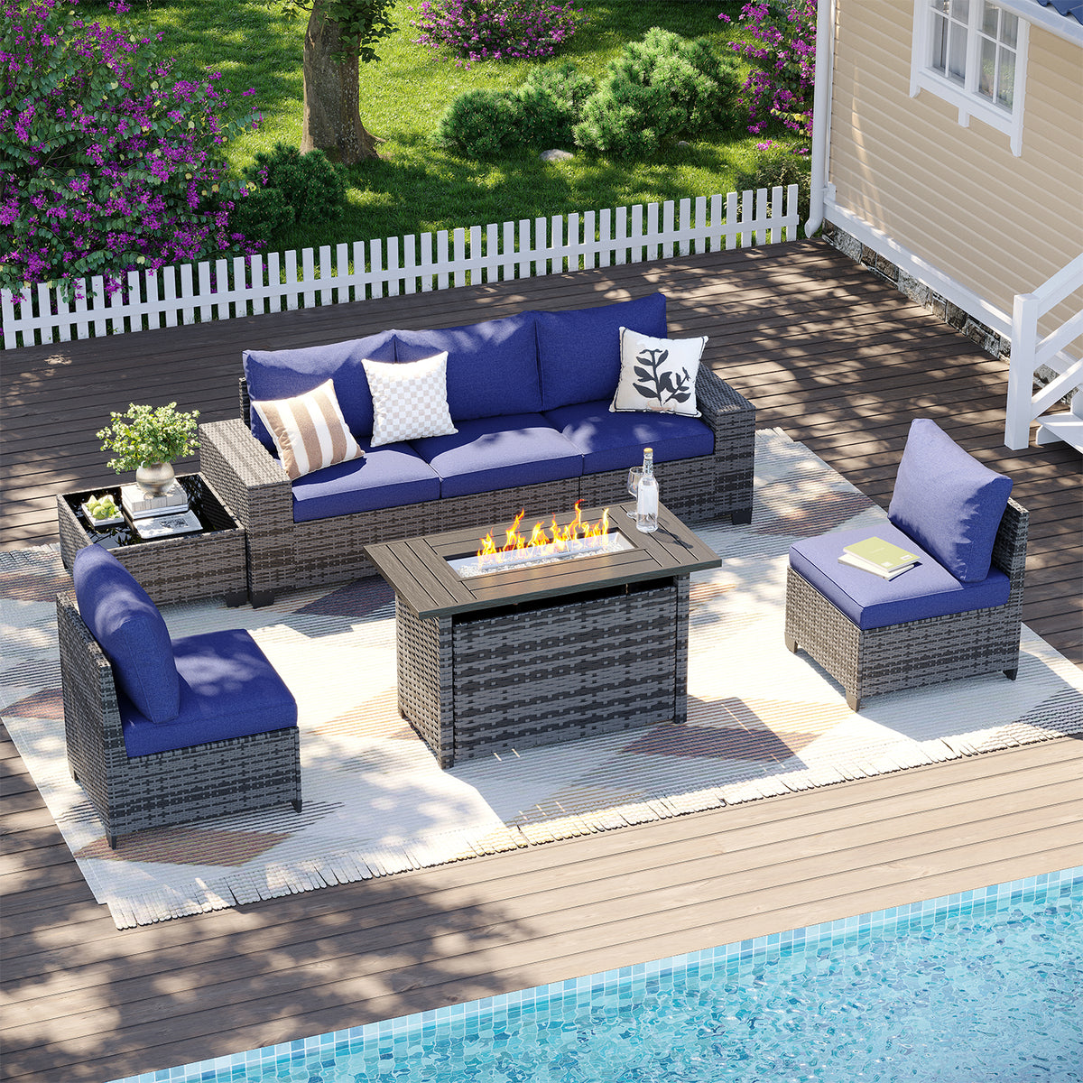 LazySunsets 7-Piece Outdoor Wicker Patio Conversation Set, Grey Rattan Sofa with Navy Blue Cushions, Propane Gas Fire Pit Table & Coffee Table for Backyard Deck