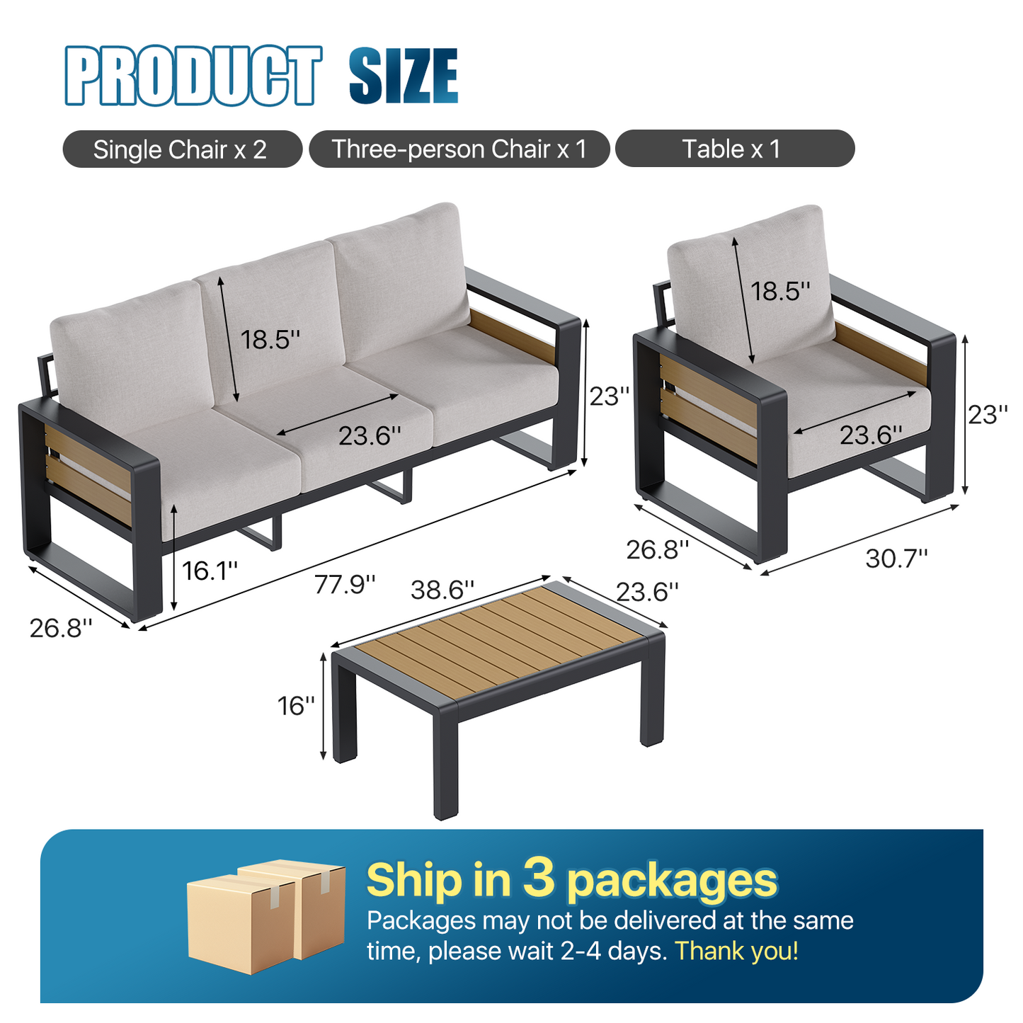 Sunmthink 4-Piece Outdoor AluminumConversation Set, Aluminumn Patio Sectional Sofa Chat Seating Sets, Light Gray