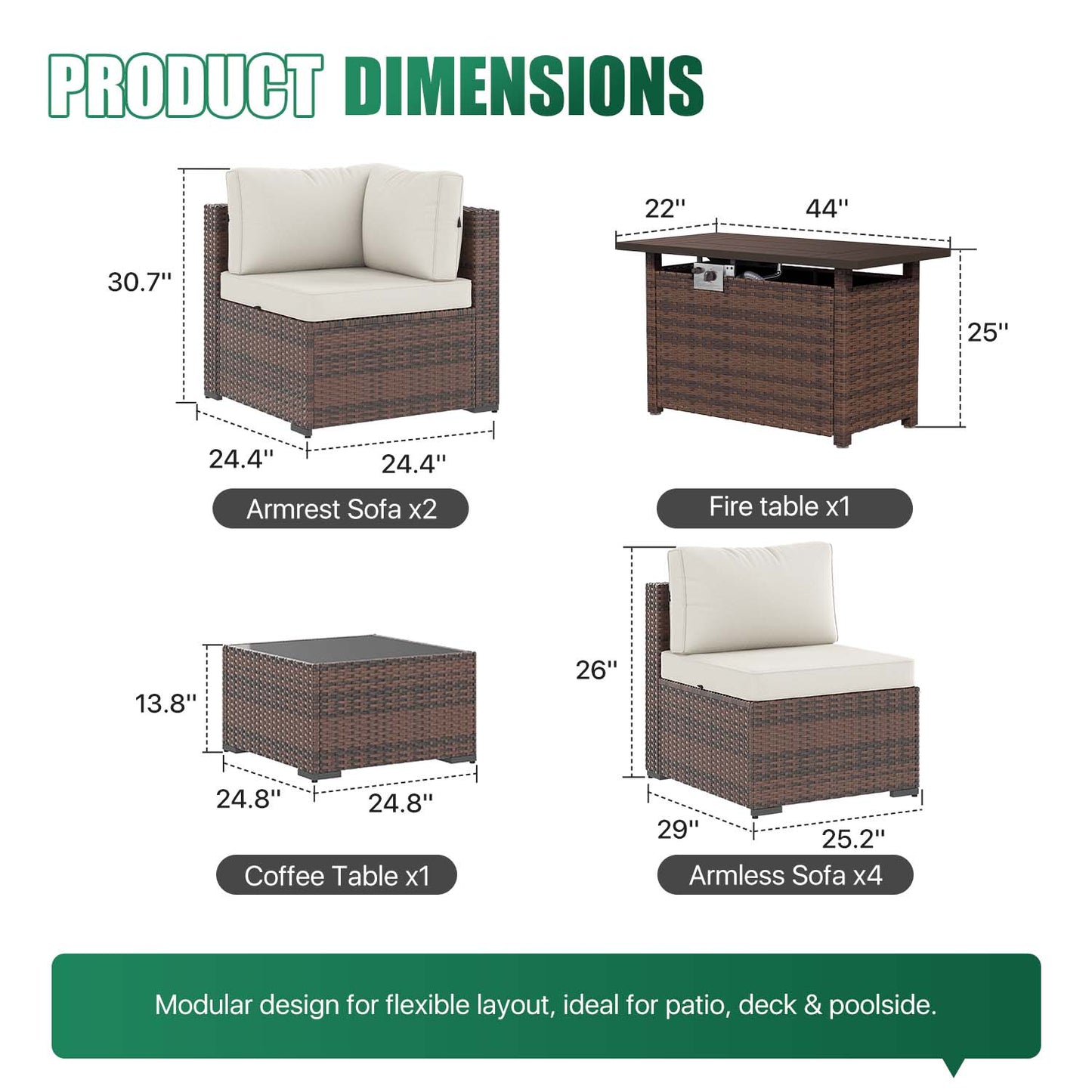 Clouddwell 8 Piece Outdoor Patio Furniture Set, Wicker Rattan Patio Sectional Sofa Sets with Fire Pit Table, Off White