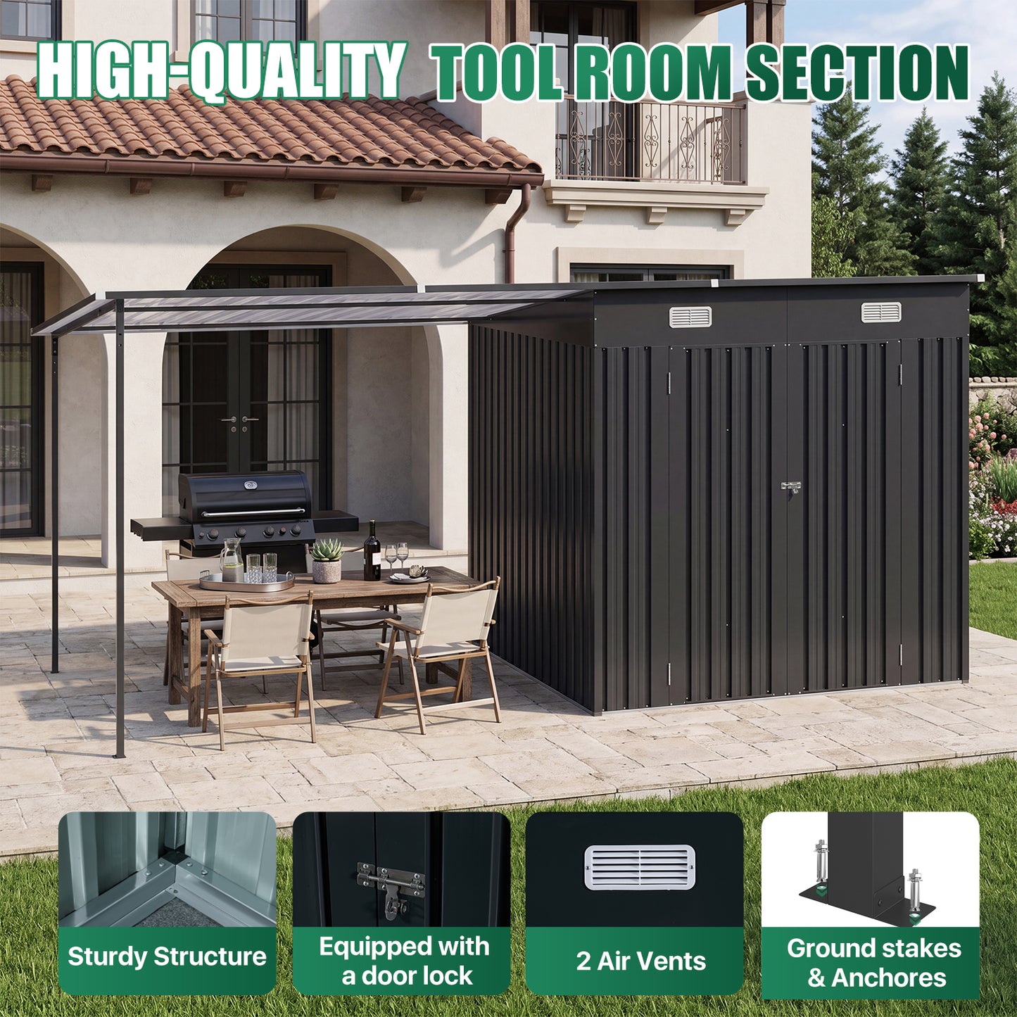 Clouddwell Metal Storage Shed with Hardtop Pergola 14x6 ft 2-in-1, 84 Sq. Ft Outdoor Tool Shed for Backyard