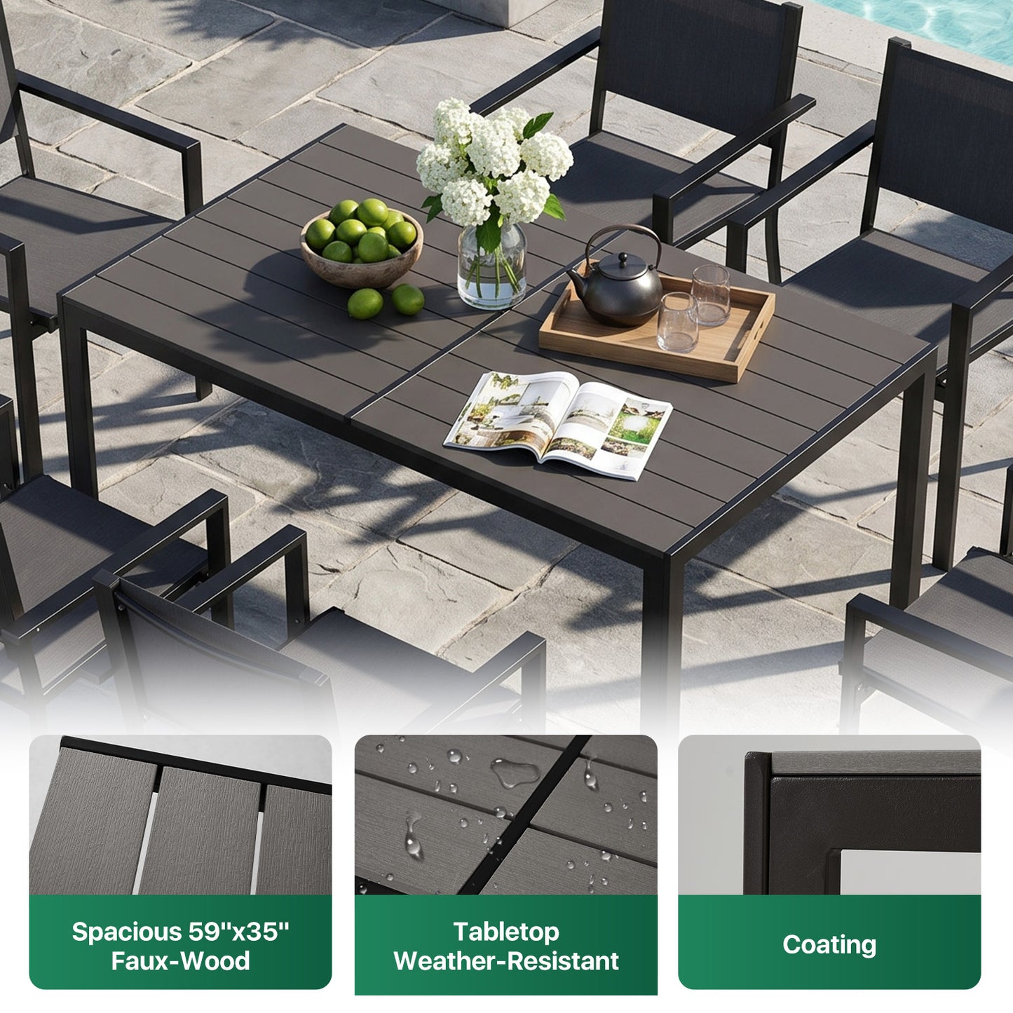 Clouddwell 7-Piece Patio Table and Textilene Chairs Set for 6, Patio Dining Sets With Metal Table, Dark Gray