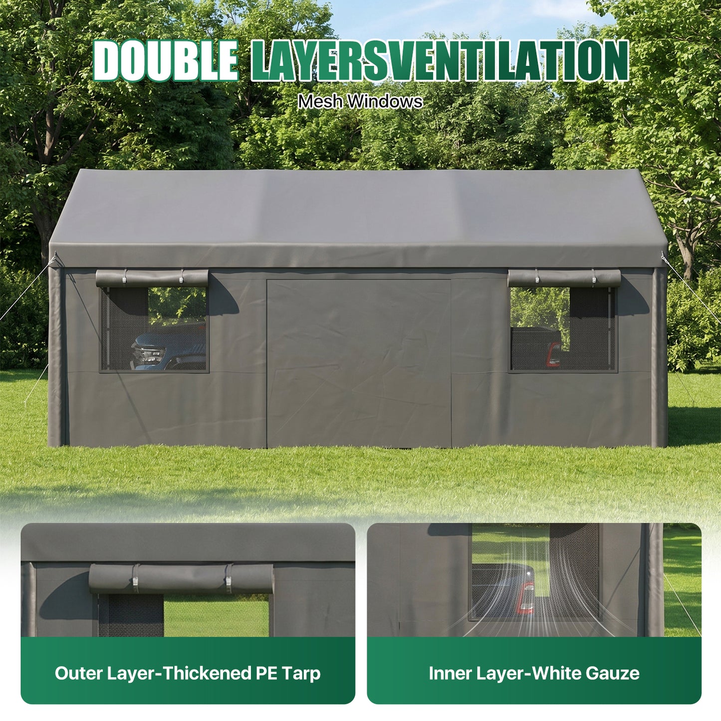 Clouddwell 12x20 Heavy Duty Carport Canopy Portable Garage, Portable Carport with Roll-up Windows&Removable Sidewalls, Car Canopy for Car, Truck, SUV, Boat, Gray
