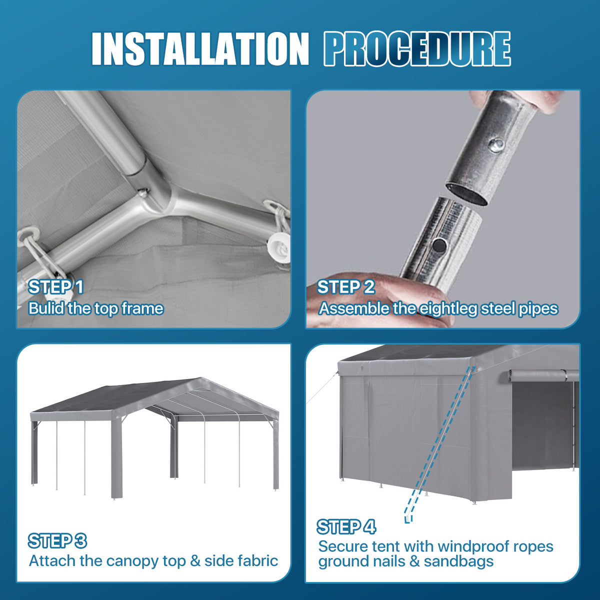 Dateyes 20x20ft Heavy Duty Carport Canopy, Portable Outdoor Garage with Removable Sidewalls & Roll-Up Doors, All-Weather Car Shelter for Cars, Boats, Trucks and Tools Storage, Gray