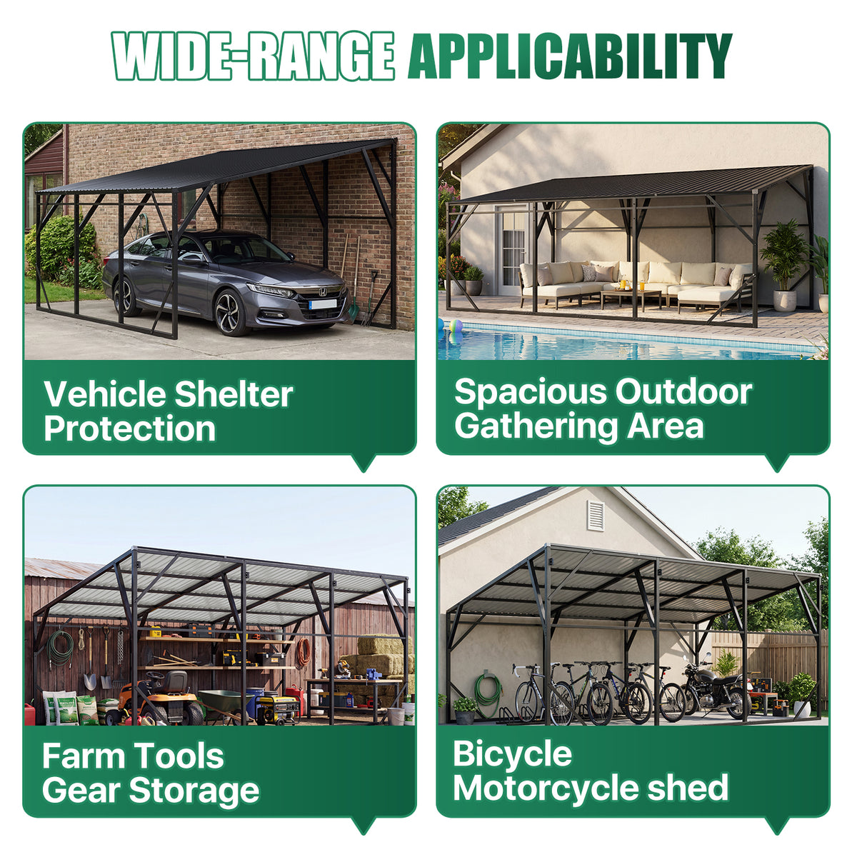 Dateyes 12x20 FT Lean-to Metal Carport, Wall-Mounted Metal Vehicle Shelter, Heavy Duty Carport with Reinforced Frame & Galvanized Roof, Black