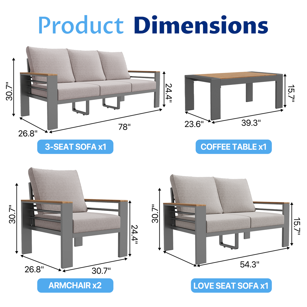 LazySunsets 5 Piece Aluminum Patio Furniture Set, 7-Seat Oversized Outdoor Sectional, Light Gray