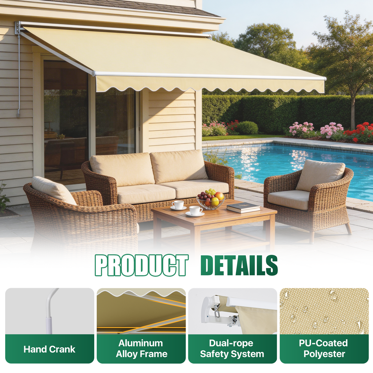 Sunmthink 12x10 FT Manual Retractable Awning, Waterproof Patio Sun Shade Canopy with Crank Handle, PA Coated Polyester for Backyard, Deck & Window, Beige
