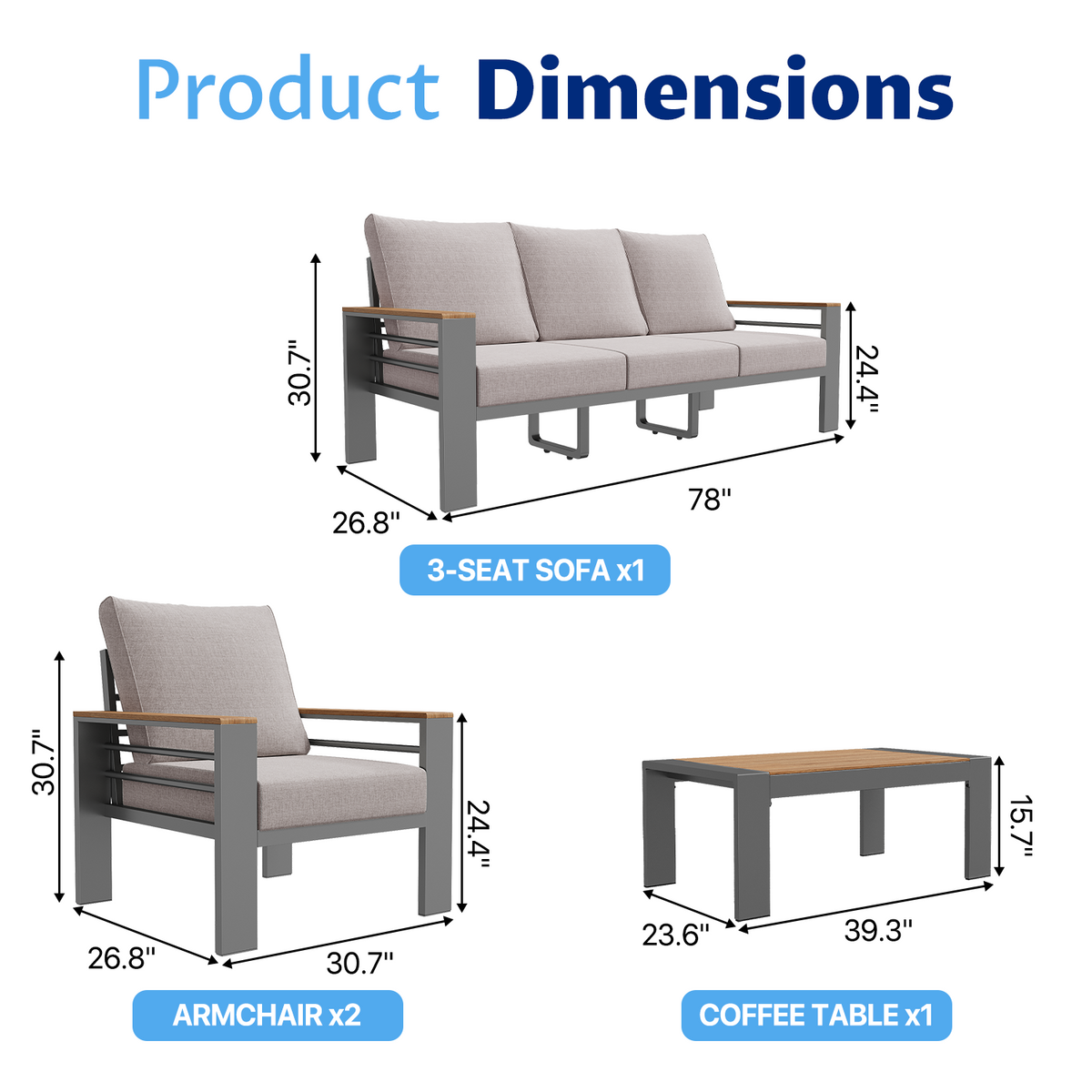 LazySunsets 4 Piece Aluminum Patio Furniture Set, 5-Seat Oversized Outdoor Sectional, Light Gray