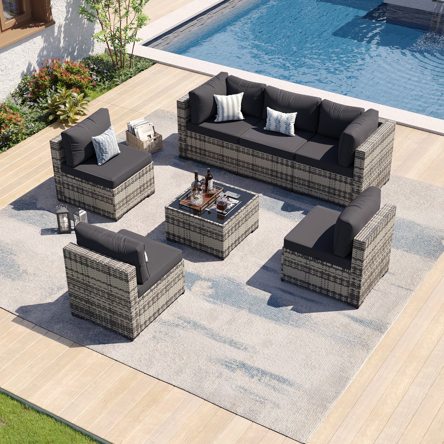 Clouddwell 7 Pieces Patio Conversation Set, Outdoor Sectionals Rattan Wicker Couch Sofa, Black