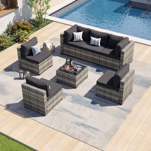 Clouddwell 7 Pieces Patio Conversation Set, Outdoor Sectionals Rattan Wicker Couch Sofa, Black