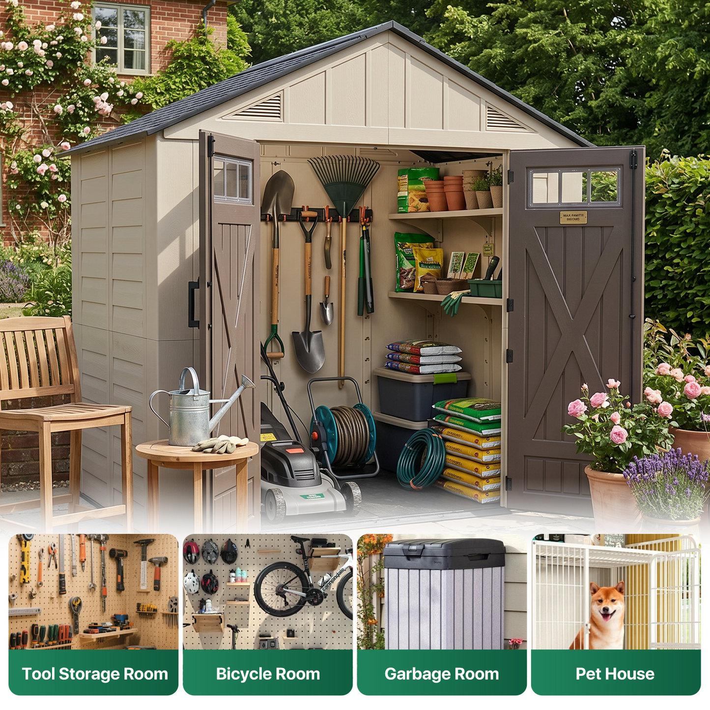 Clouddwell 8x6 FT Outdoor Storage Shed with Floor, HDPE Resin Garden Storage House with Double Doors, Windows & Ventilation, Heavy Duty Backyard Tool Shed for Lawn Equipment and Garden Supplies