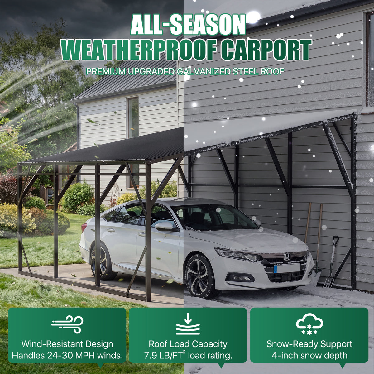 Dateyes 12x20 FT Lean-to Metal Carport, Wall-Mounted Metal Vehicle Shelter, Heavy Duty Carport with Reinforced Frame & Galvanized Roof, Black