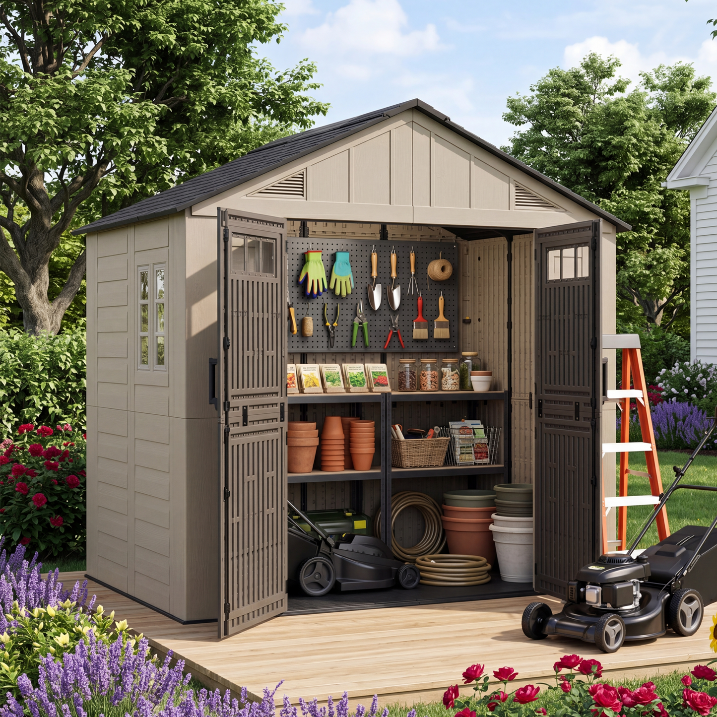 Clouddwell 8x6 FT Outdoor Storage Shed with Floor, HDPE Resin Garden Storage House with Double Doors, Windows & Ventilation, Heavy Duty Backyard Tool Shed for Lawn Equipment and Garden Supplies