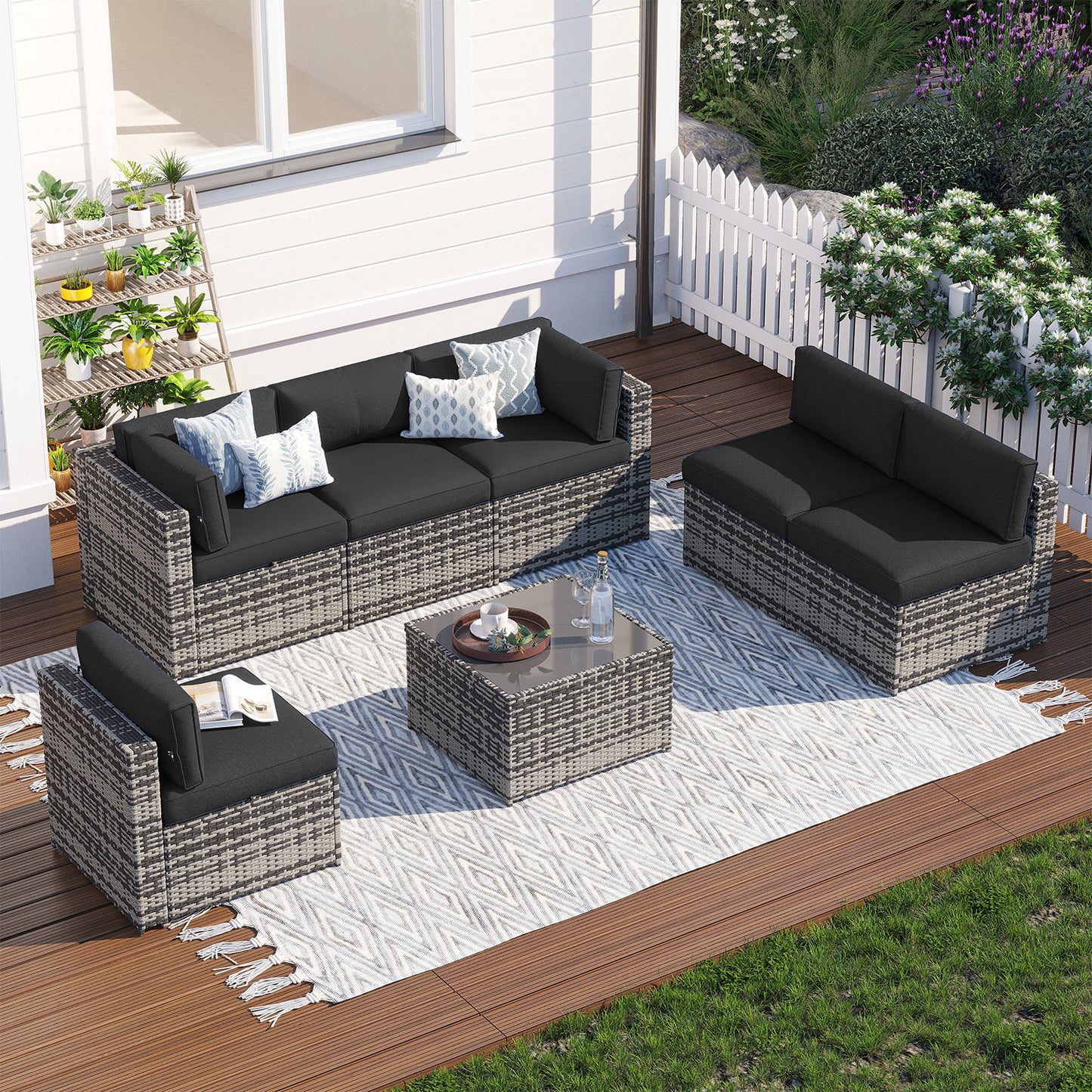 Clouddwell 7 Piece Outdoor Patio Furniture Set, Wicker Rattan Patio Sectional Sofa Set, Black