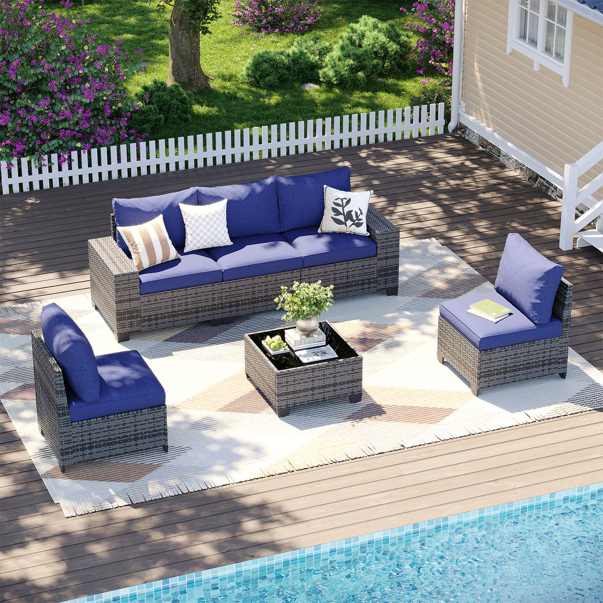 LazySunsets 6-Piece Outdoor Wicker Patio Conversation Set, Grey Rattan Sofa with Navy Blue Cushions, Tempered Glass Coffee Table for Backyard Garden Deck
