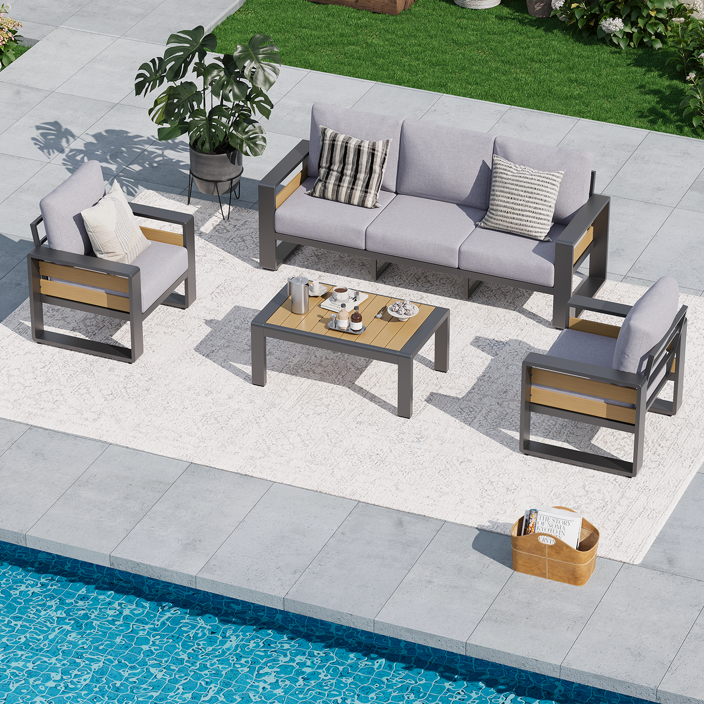 Clouddwell 4 Piece Aluminum Patio Furniture Set, 5-Seat Luxury Outdoor Sectional with 6" Olefin Fabric Cushions, Light Grey