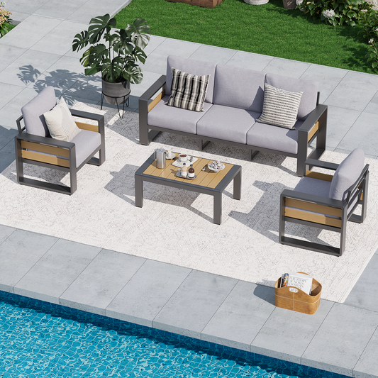 Clouddwell 4 Piece Aluminum Patio Furniture Set, 5-Seat Luxury Outdoor Sectional with 6" Olefin Fabric Cushions, Light Grey