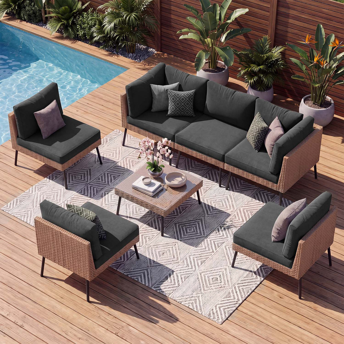 Dateyes 7‑Piece Modular Rattan Patio Sectional Sofa Set, Outdoor Conversation Furniture with Black Weather‑Resistant Cushions for Backyard Garden