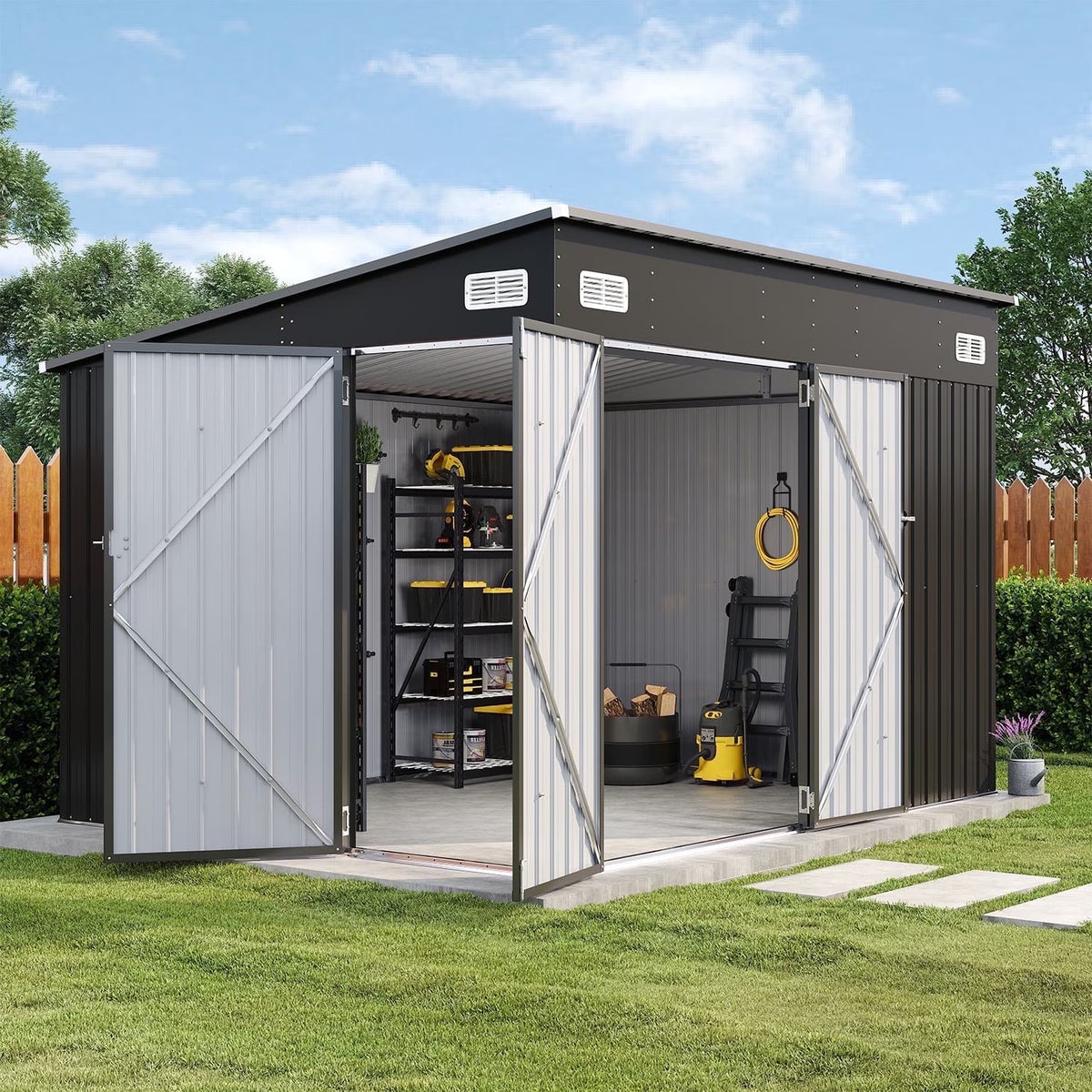Dateyes 10' x 8' Metal Storage Shed with Triple Doors, Lockable Lean-to Design & Vents, Black