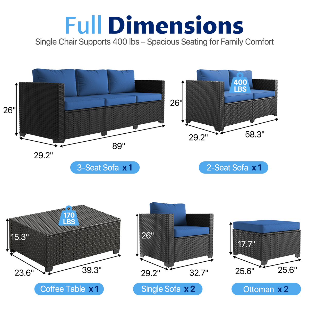 LazySunsets 7 Piece Outdoor Furniture Set, Rattan Wicker Outdoor Conversation Set Patio Furniture, Navy Blue/Black