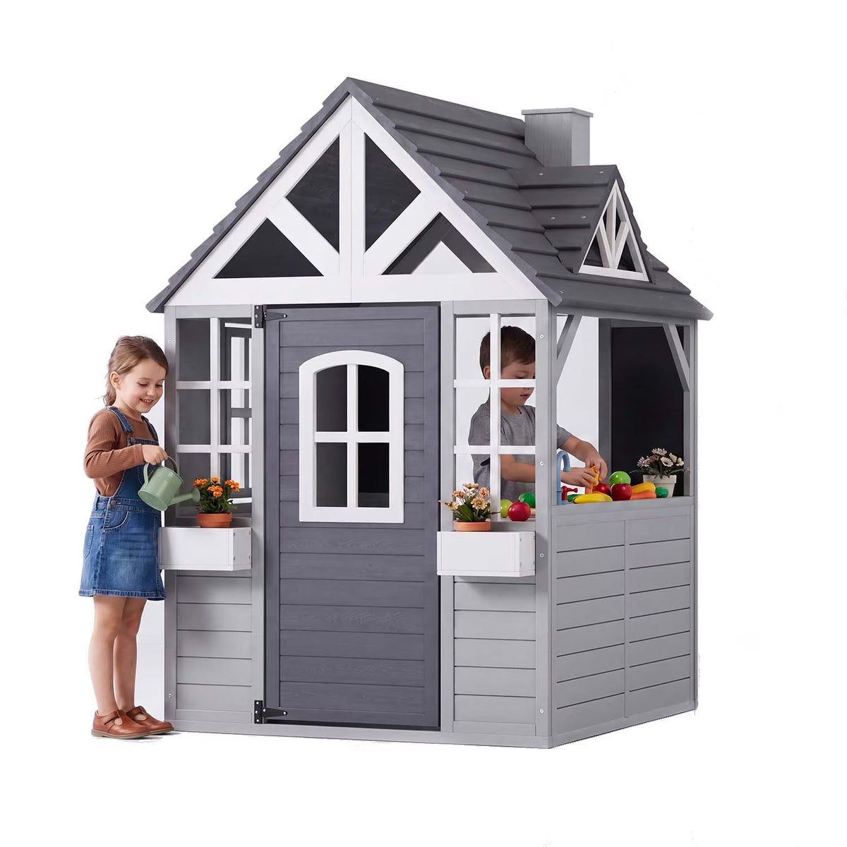 Dateyes Wooden Toddler Playhouse 3x4FT Grey Gable House with Chimney, Pretend Kitchen Accessories, Blackboard and Bar Counter for Outdoor Backyard Play