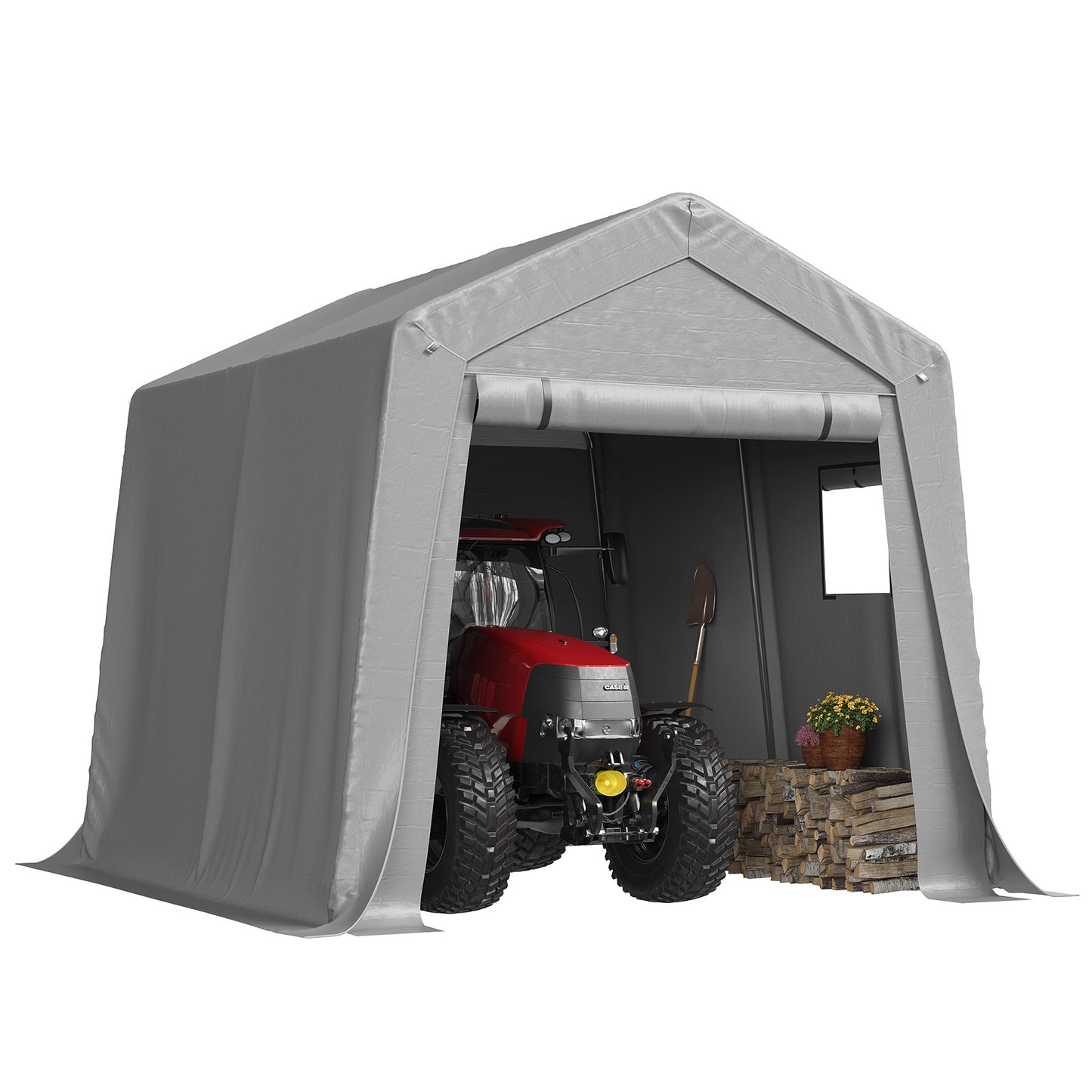 Aoxun 10x10 FT Outdoor Carport Shed, Portable Garage with Roll-Up Door & Window, Waterproof Tarp & Galvanized Steel Frame for Lawn Equipment, Bike, Motorcycle, Trunk Cover, Gray
