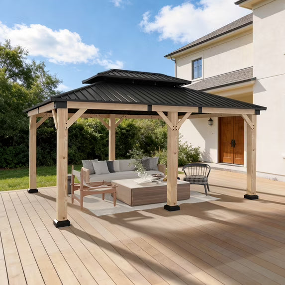 Sunmthink 12'x16' Outdoor Hardtop Gazebo, Cedar Wood Pavilion with Galvanized Steel Double Roof, for Patio, Garden, Deck