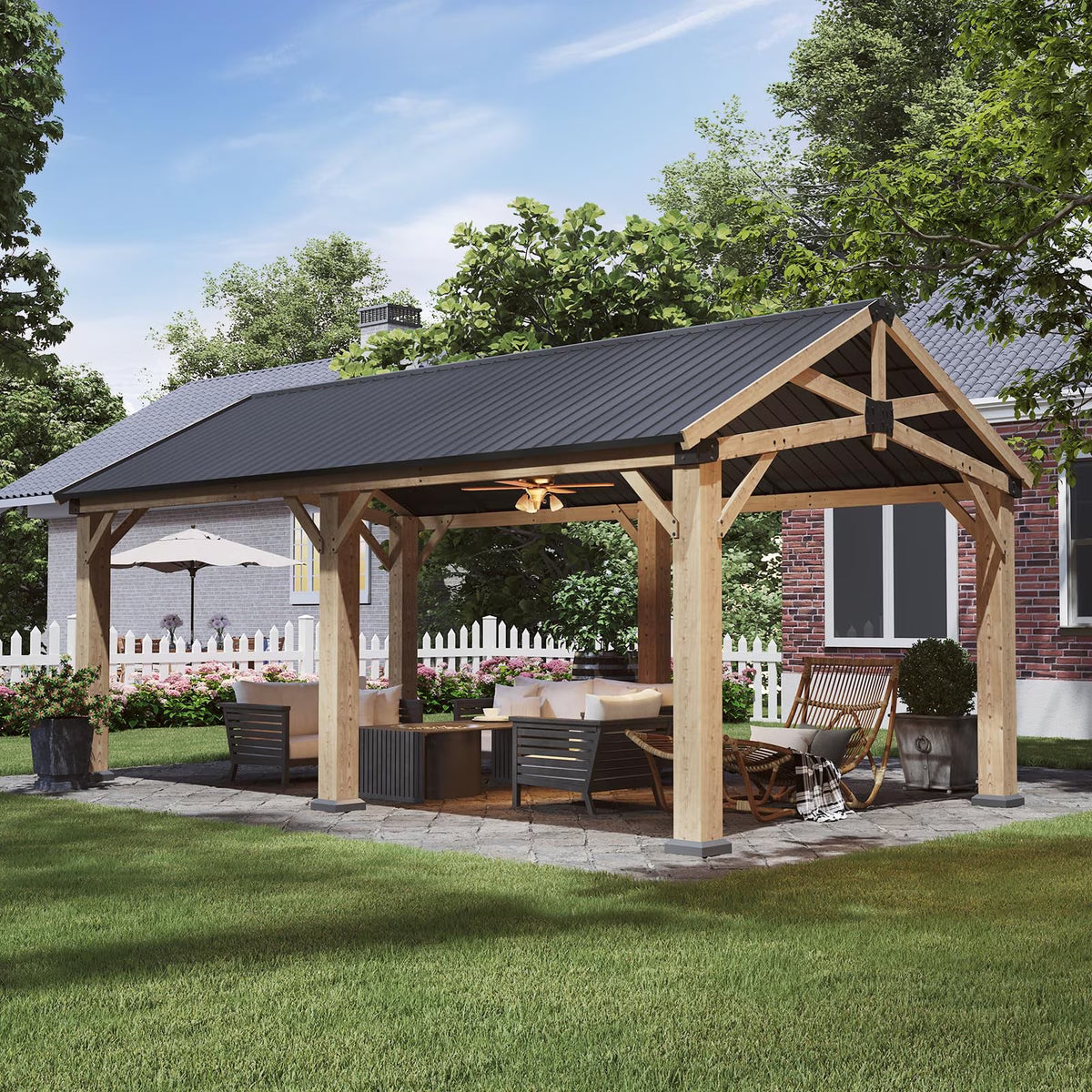 Sunmthink 12' x 20' Outdoor Wood Gazebo, Hardtop Gazebo Permanent Wooden Pavilion with Galvanized Steel Gable Roof, for Patio, Garden, Deck, Cedar Wood