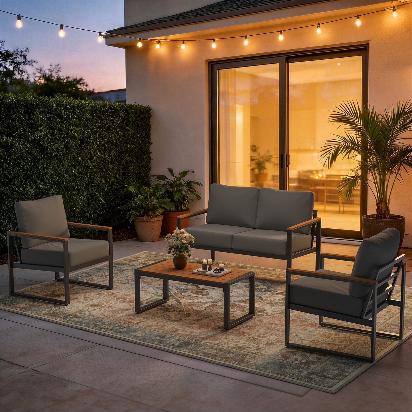 CLOUDDWELL 4-Piece Metal Weatherproof Outdoor Conversation Sets with 4 Thick Cushions, Gray