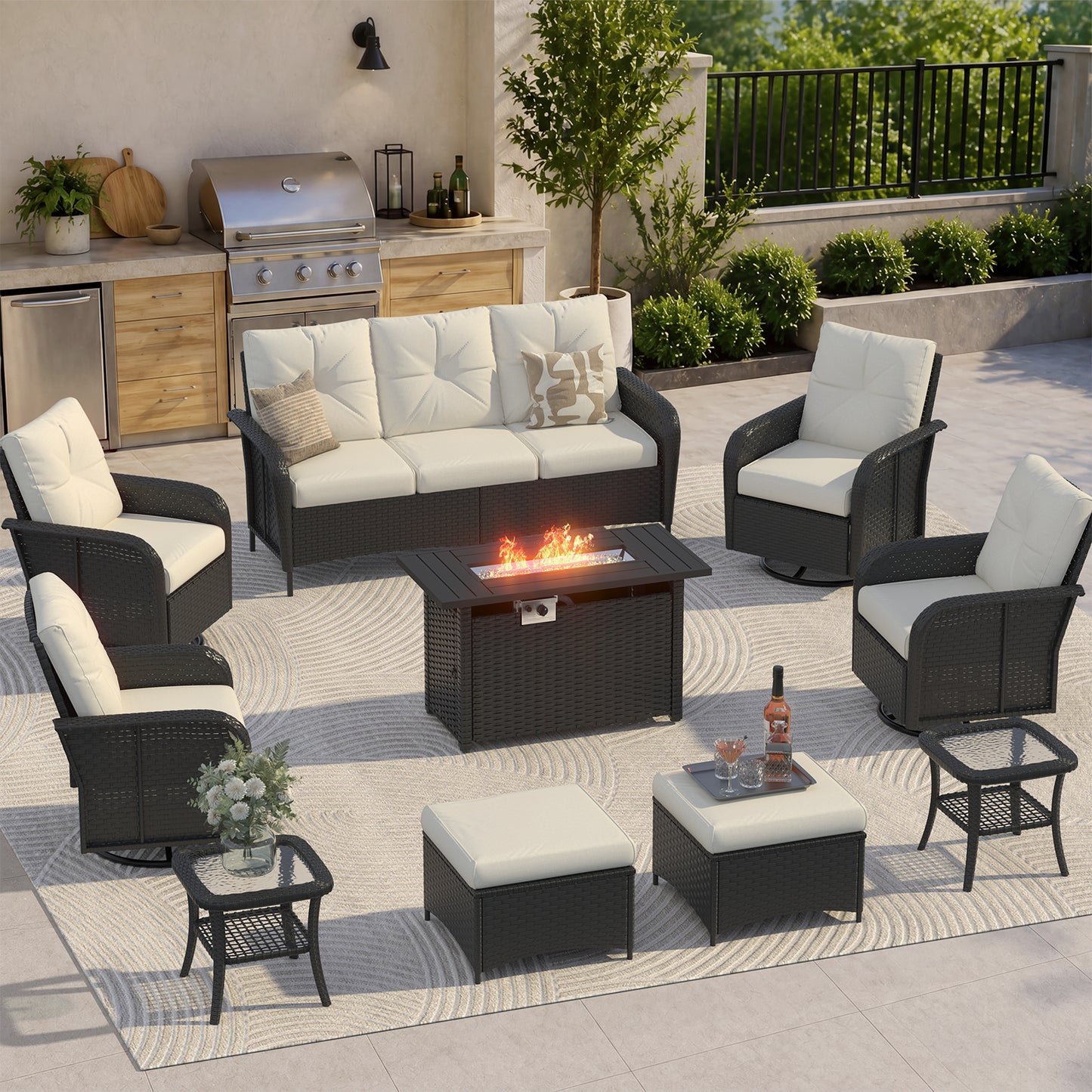 Clouddwell 10 Pieces Outdoor Patio Furniture Set, Rattan Wicker Sectional Swivel Rocker Chairs Sets with Fire Pit