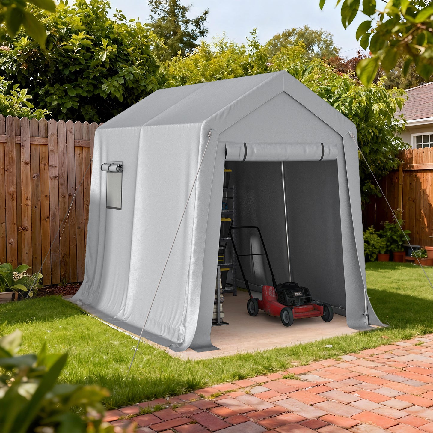 Clouddwell 6x8 FT Outdoor Portable Storage Shed Tent with Roll-Up Mesh Windows & Reinforced Frame, Motorcycle Storage Shed for Patio Furniture & Equipment Storage, Dark Gray