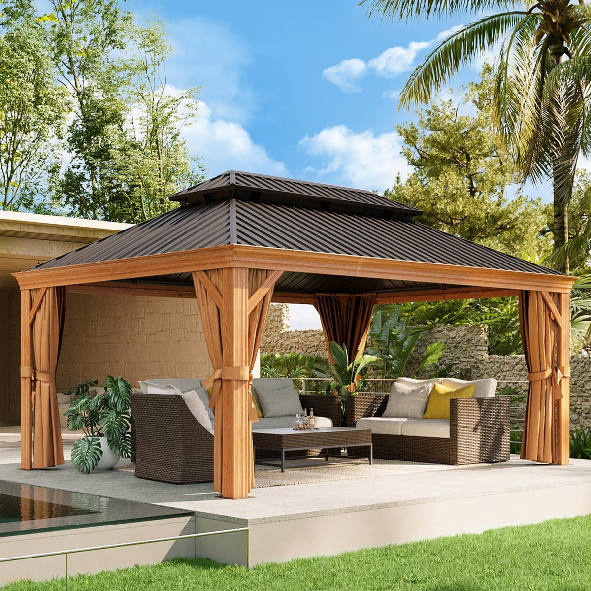Aoxun 12x16FT Outdoor Hardtop Gazebo, Galvanized Steel Double Roof Gazebo with Curtains & Net for Patios, Deck, Backyard, Brown