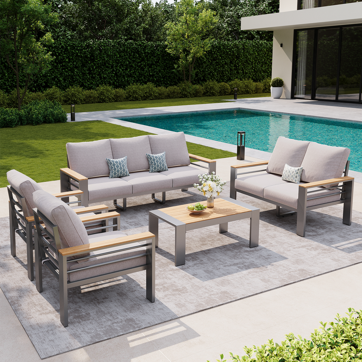 LazySunsets 5 Piece Aluminum Patio Furniture Set, 7-Seat Oversized Outdoor Sectional, Light Gray